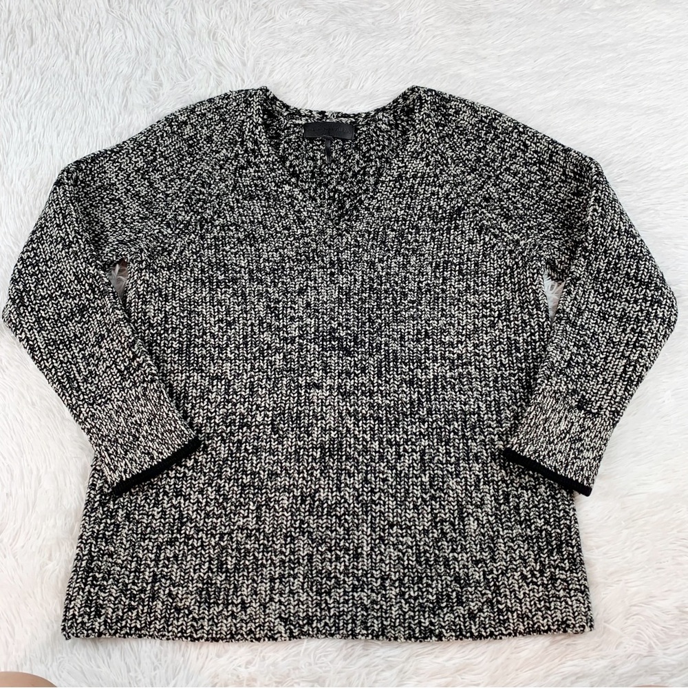 rag & bone long sleeve V Neck marl ribbed knit wool blend sweater black‎ gray